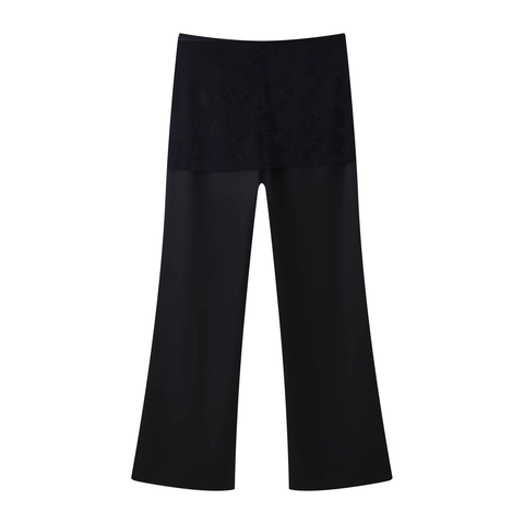 Pantalones De Pierna Ancha De Cintura Alta Para Mujer Con Retazos De Encaje Cinturón Atado Pantalones Negros Sexys
