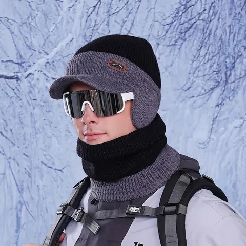 Cappello In Maglia Invernale E Scaldacollo Fodera In Pile Paraorecchie Visiera Caldo Esterno Equitazione Uomini Donne