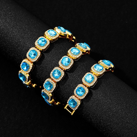 Hip Hop Iced Out Cuban Link Necklace Alloy Square Blue Cubic Zirconia Full Rhinestone Jewelry For Men Women
