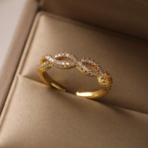 Adjustable Open Rings Women Copper Gold Plated Cubic Zirconia Heart Infinity Geometric Minimalist Elegant Jewelry