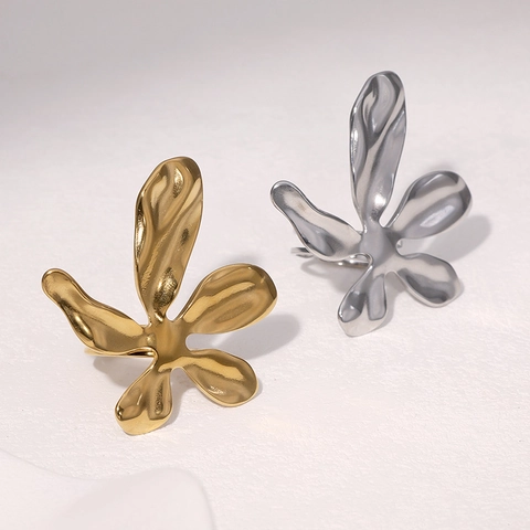 Edelstahl Blütenblatt Blumen Offener Ring Für Frauen 18K Vergoldet Irreguläres Lava Design Glatte Oberfläche Verstellbar