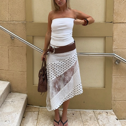 Gonna Lunga Da Donna A Pois Patchwork In Pizzo Orlo Irregolare Cotone Estate Casual Vita Alta Asimmetrica