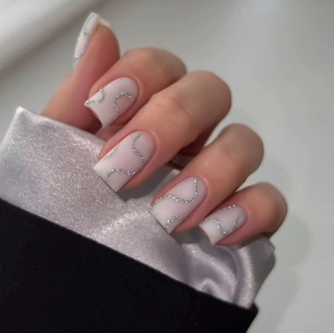 Matte Press On Nails Long Square Shape Silver Glitter Wave Lines Frosted Removable Fashion Artificial Fingernails Women