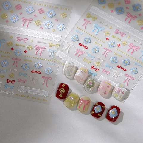 Pegatinas Para Uñas En Relieve 3D Grabado Lazo Encaje Patrón Flores Autoadhesivo Decoración Manicura