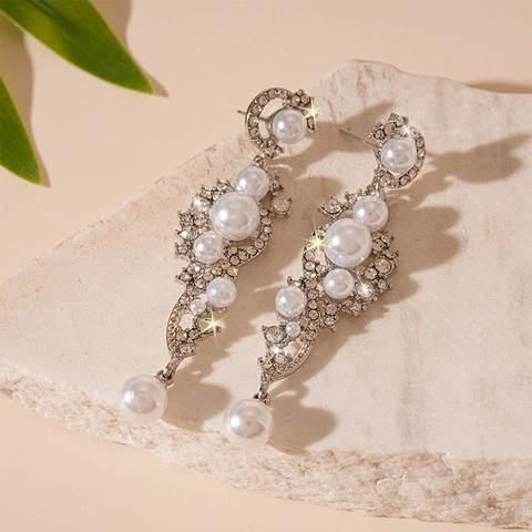 Long Dangle Earrings With Imitation Artificial Pearl Rhinestone And 925 Sterling Silver Earring Post Elegant Wedding For Women