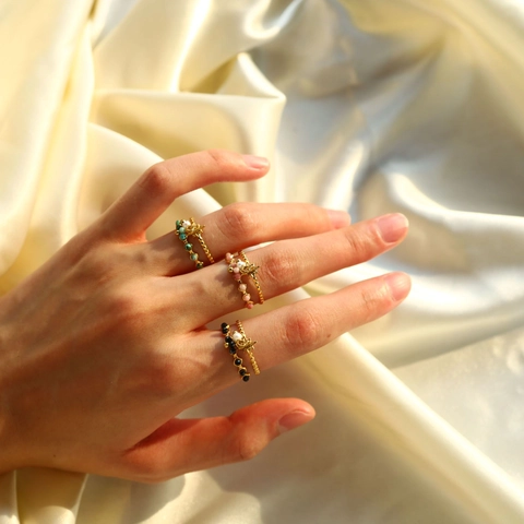 Anelli In Acciaio Inossidabile Stile Francese Placcato Oro 18K Con Pietra Naturale Pendente Stella Perla Artificial Anello Regolabile