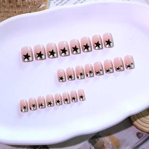 Pearly Pink French Style Press On Nails Medium Square Silver Glitter Tip Black Star Pattern Fashion Artificial False Nails