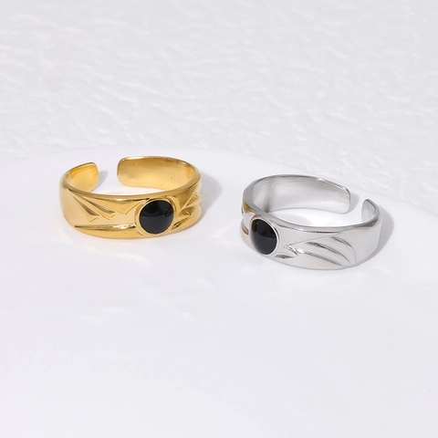 Anello Regolabile In Acciaio Inossidabile Minimalista Geometrico Smalto Nero Tondo Rilievo Montagna Gioielli Aperti