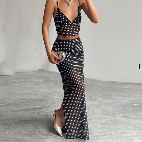 Top Crop In Rete Con Stampa A Pois E Gonna Lunga Streetwear Completo Senza Maniche Trasparente Alla Moda Per Donna