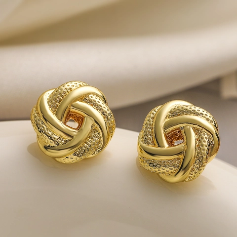 Woven Knot Stud Earrings 18K Gold Plated Copper Textured Geometric Mini Personalized Fashion Jewelry For Women