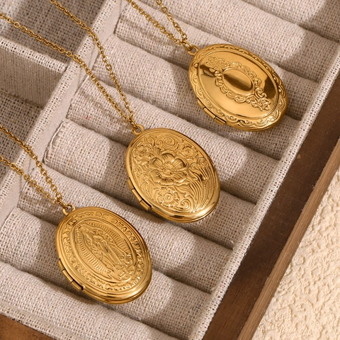 Vintage Edelstahl Oval Medaillon Halskette Für Damen 18K Vergoldet Jungfrau Maria Blumenmuster Anhänger Bilderrahmen Schmuck