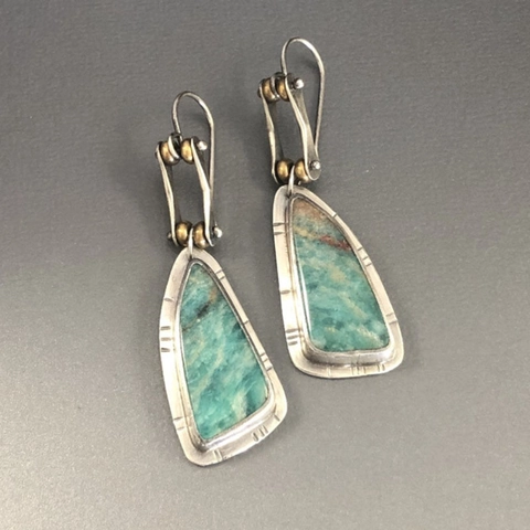 Retro Ethnic Drop Earrings For Women Geometric Trapezoid Natural Amazonite Antique Silver Alloy Brass Beads Bohemian