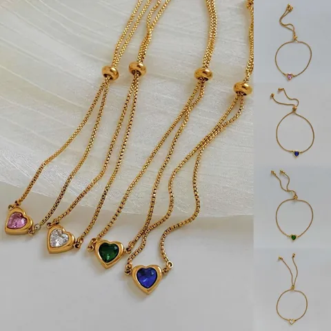 Stainless Steel Heart Bracelet For Women With Colorful Heart Zircon Adjustable Sliding Box Chain Jewelry Elegant Gift