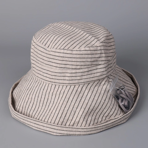 Striped Cotton Linen Bucket Hat Wide Brim Breathable Sunshade Foldable Summer Beach Sun Hat For Women With Windproof Rope