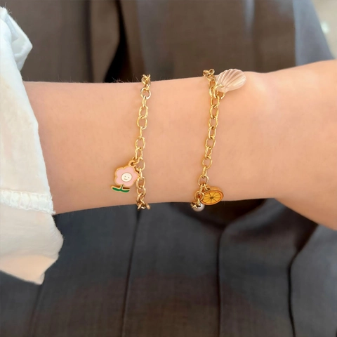 Stainless Steel Shell Artificial Pearl Bracelet For Women Handmade Colorful Sunflower Fruit Pendant Jewelry Gold Chain
