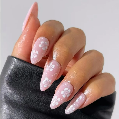 Press On Nägel Rosa Weiß Kirschblüten Muster Mandelform Glitzer Falsche Nägel Für Frauen Süß Modisch