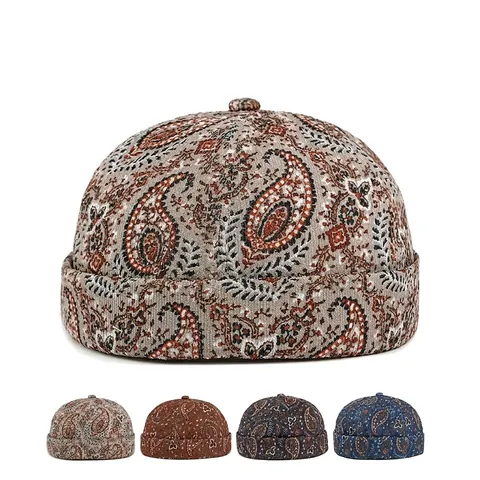 Retro Paisley Pattern Corduroy Docker Hat Brimless Cap Adjustable Miki Hat Round Top Ethnic Style Streetwear Unisex