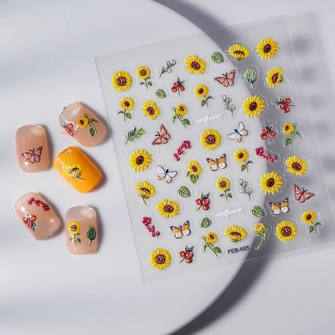 Sunflower 5D Embossed Nail Art Stickers Waterproof Self Adhesive Butterfly Bee Floral Design For Women DIY Manicure