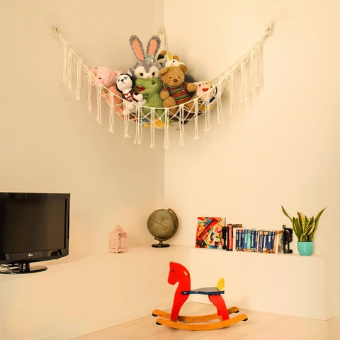 Amaca Per Peluche Macramè Grande Capacità Rete Porta Giocattoli Organizzatore Da Parete Boho Corda Di Cotone Con Nappe Arredo