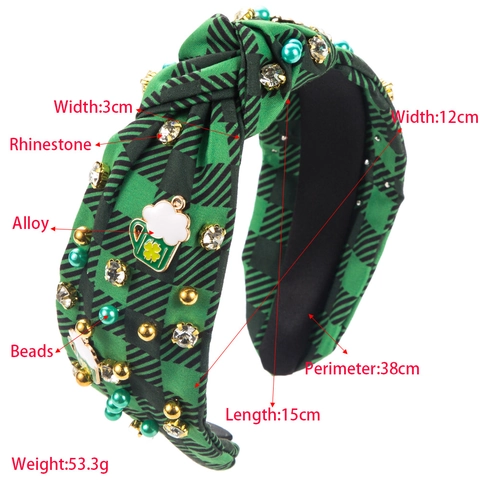 Cerchietto con Nodo Giorno di San Patrizio Donna Tessuto a Quadri Verde Quadrifoglio Strass Perle Artificiali Accessorio