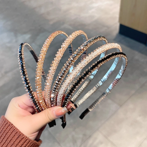 Sparkling Rhinestone Crystal Beaded Headband Thin Elegant Metal Hair Hoop Accessory For Women Korean Style