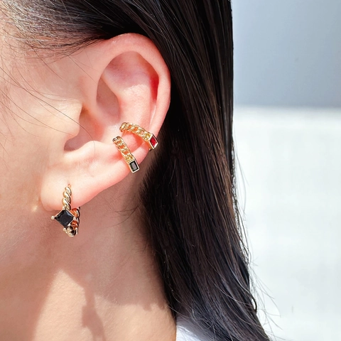 Ear Cuff in Ottone con Zirconia e Orecchini a Cerchio Placcati Oro Catena Geometrica Pietra Rettangolare Gioielli Donna