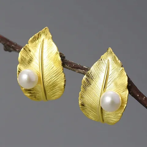 Pastoral 925 Sterling Silver Leaf Pearl Stud Earrings For Women Elegant Gold Silver Plated Artificial Pearl Botanical Jewelry