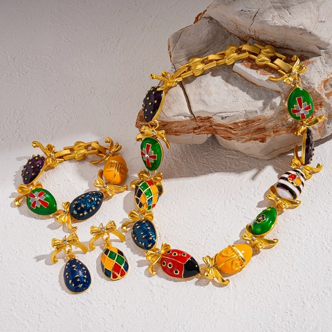 Vintage Faberge Style Necklace Bracelet And Earrings Alloy Enamel Rhinestone Bow Knot Egg Pendant For Women