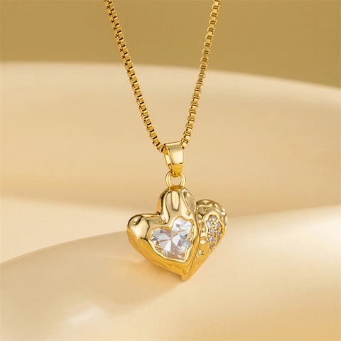 Herz Anhänger Halskette Edelstahl 18K Vergoldet Geometrische Zirkon Französischer Stil Minimalistischer Schmuck Für Damen