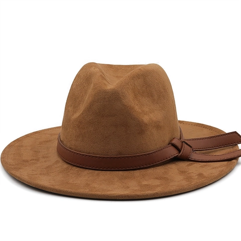Fedora Hat Suede Felt Wide Brim Vintage Style With Leather Belt Solid Color For Men And Women Casual Travel Accessory