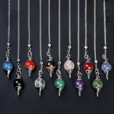 Natural Crystal Gemstone Ball Dowsing Pendulum Pendant For Divination Healing Metal Alloy Chain Pointed Cone Accessory