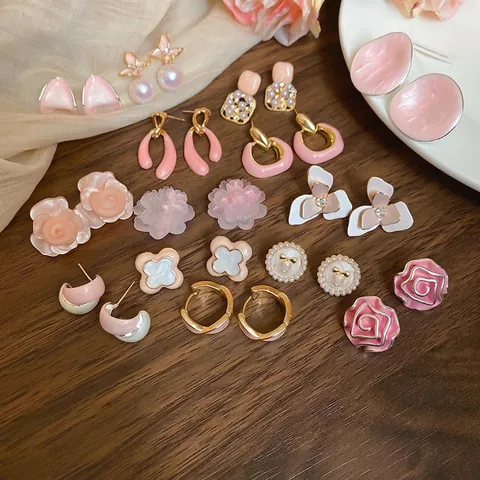 Pendientes De Botón Con Flor Rosa Y Perla Artificial Con Poste De Plata De Ley 925 Diseño Floral Dulce Para Mujeres