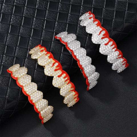 Hip Hop Copper Zirconia Teeth Grillz Gold Silver Plated Red Drip Oil Effect Fashion Body Jewelry For Men Women Gift