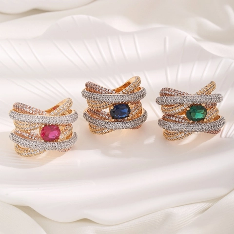 Anello di Rame alla Moda Fascia Intrecciata Multistrato Strass Rosa Blu Verde Ovale Gioielli Geometrici Eleganti per Donna