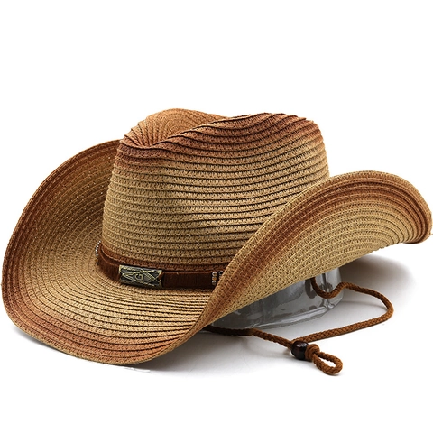 Western Cowboy Strohhut Farbverlauf Breite Krempe Sonnenschutz Outdoor Vintage Papierstroh Stierschädel Dekor Verstellbar