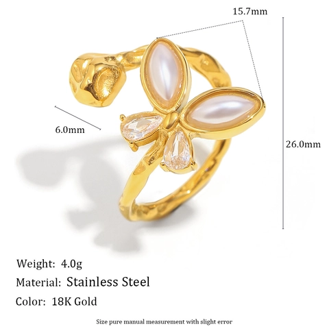 Anello Aperto Farfalla Placcato Oro 18K Acciaio Inossidabile Con Imitazione Perla Artificial E Zircone Vintage Lusso Elegante Donna