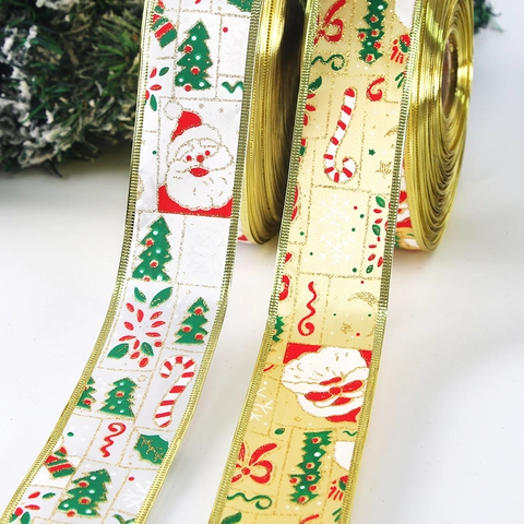 Cinta De Navidad Tela Borde Dorado Papá Noel Muñeco De Nieve Impresión Envoltura Regalo Decoración Árbol