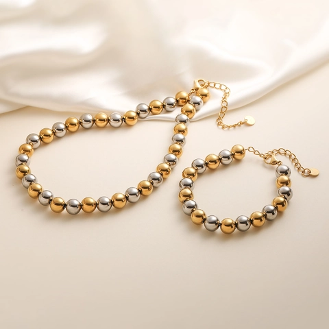 Parure de Bijoux Collier et Bracelet à Perles en Acier Inoxydable Minimaliste Mode Occidentale Plaqué Or 18K Bicolore Contraste Femme Accessoire Chic