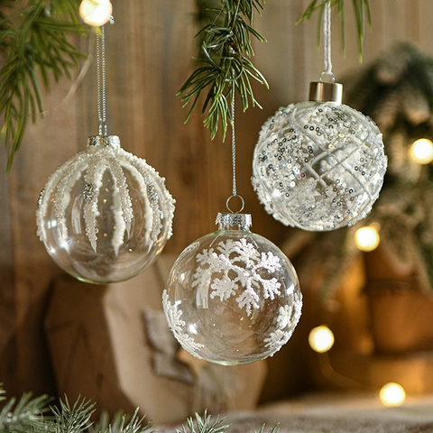 Clear Glass Christmas Tree Ornaments Hanging Star Ball Snowflake White Sequin Bead Festive Holiday Decoration