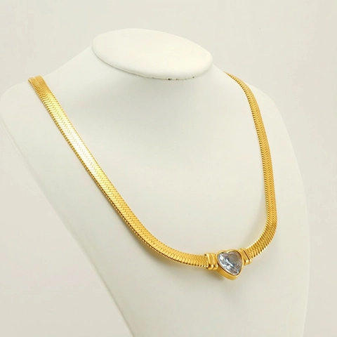Heart Pendant Necklace Stainless Steel 18K Gold Plated Zircon Herringbone Chain Fashion Jewelry For Women