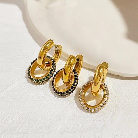 Stainless Steel Hoop Earrings 18K Gold Plated Detachable Cubic Zirconia Round Dangle Geometric Fashion Jewelry Women