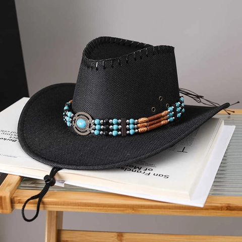 Western Cowboyhoed Geweven Stropop Breed Rand Zonbescherming Boheems Turquoise Kraal Decor Verstelbaar Windtouw Etnische Stijl