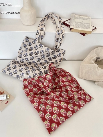 Retro Floral Print Canvas Tragetasche Große Kapazität Ästhetische Umhängetasche Für Frauen Täglicher Einkauf
