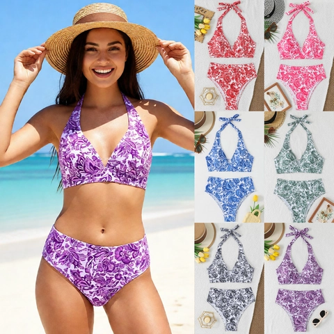 Halter Bikini Top Und High Waist Hose Badeanzug Paisley Print Polyester Boho Sommer Damen