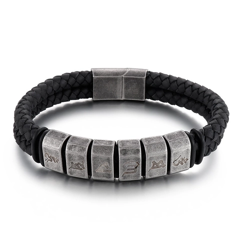 Men Braided Leather Bracelet Stainless Steel Layered Ethnic Mantra Beads Vintage Punk Retro Style Jewelry Fashion Gift