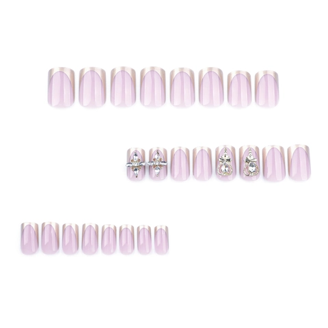French Gold Tip Press On Nails With Alloy Rhinestone Heart Crown Decor Short Square False Nails For Women