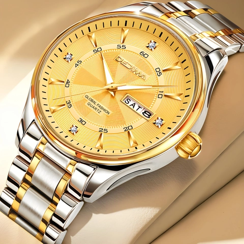 Montre Homme Quartz Bracelet Acier Inoxydable Lumineuse Imperméable Business Casual Affichage Date Jour Cadran Diamant