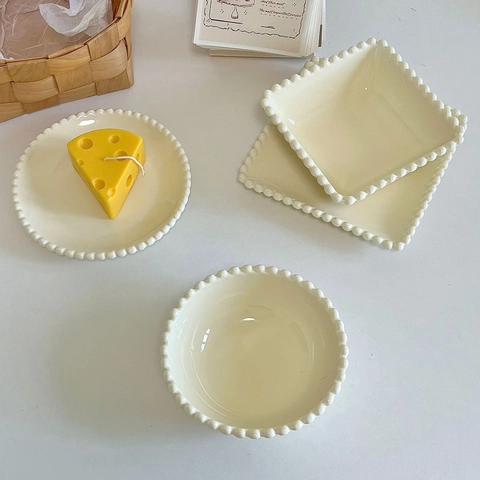 Korean Ins Style Ceramic Dessert Bowl And Plate Cream White Beaded Edge Porcelain Tableware Microwave Safe Elegance