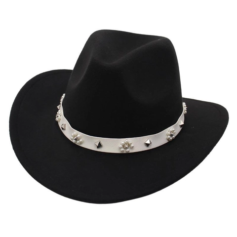 Cappello da Cowboy Occidentale Retrò da Donna in Cotone Fedora Con Fascia in Perle e Rivetti Cappello Jazz per Festa Viaggio All'aperto