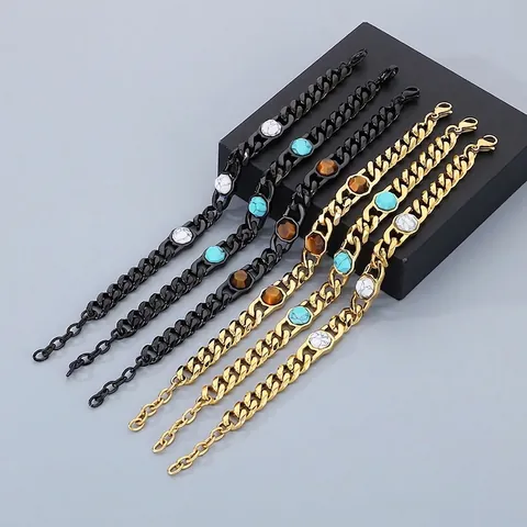 Stainless Steel Cuban Link Bracelet With Hexagon Turquoise And Tiger Eye Stone Unisex Punk Jewelry